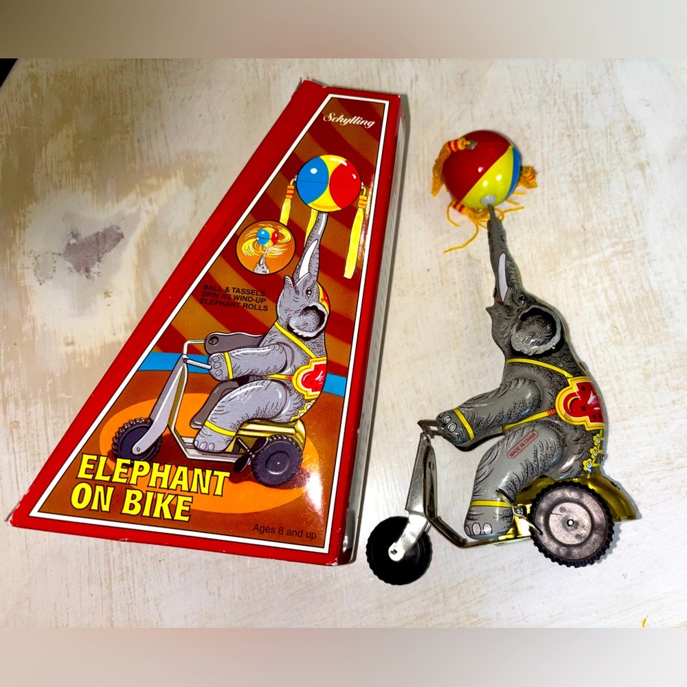Schylling Elephant on Bike Toy 2000- Gray and Red Working Wind Up